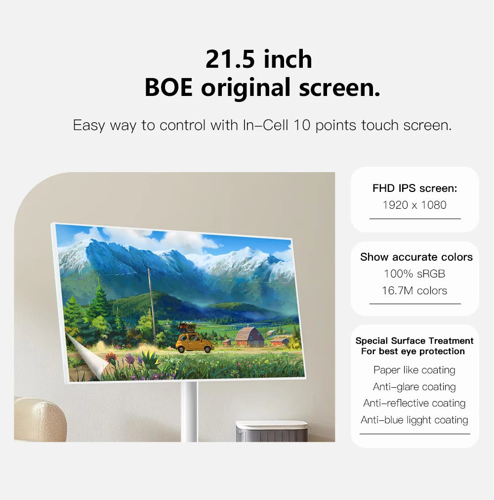 Floor Standing Smart Tv 21.5 Inch 6GB+128GB Touch Screen Display Smart Tv With Build in Battery and Moveable Base Portable TV
