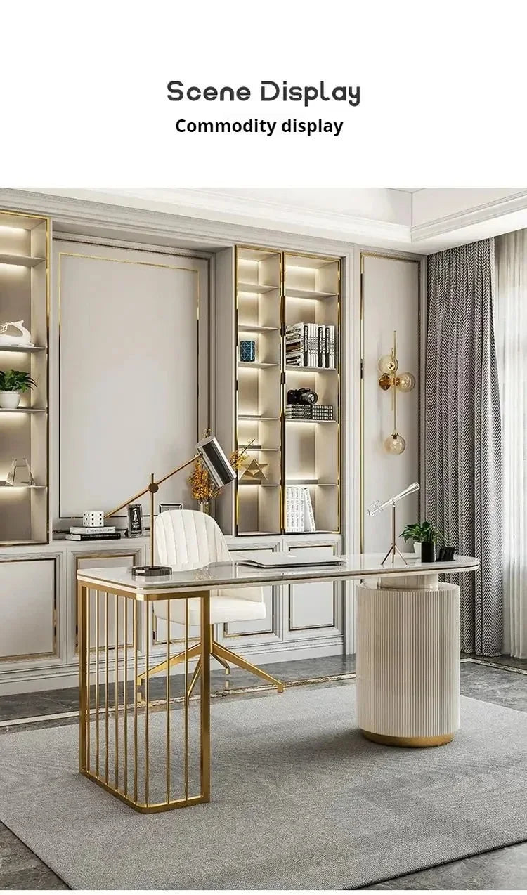 Modern White Executive Office Desk Wooden Computer Table with Gold Metal Legs Home Office Study Writing Workstation