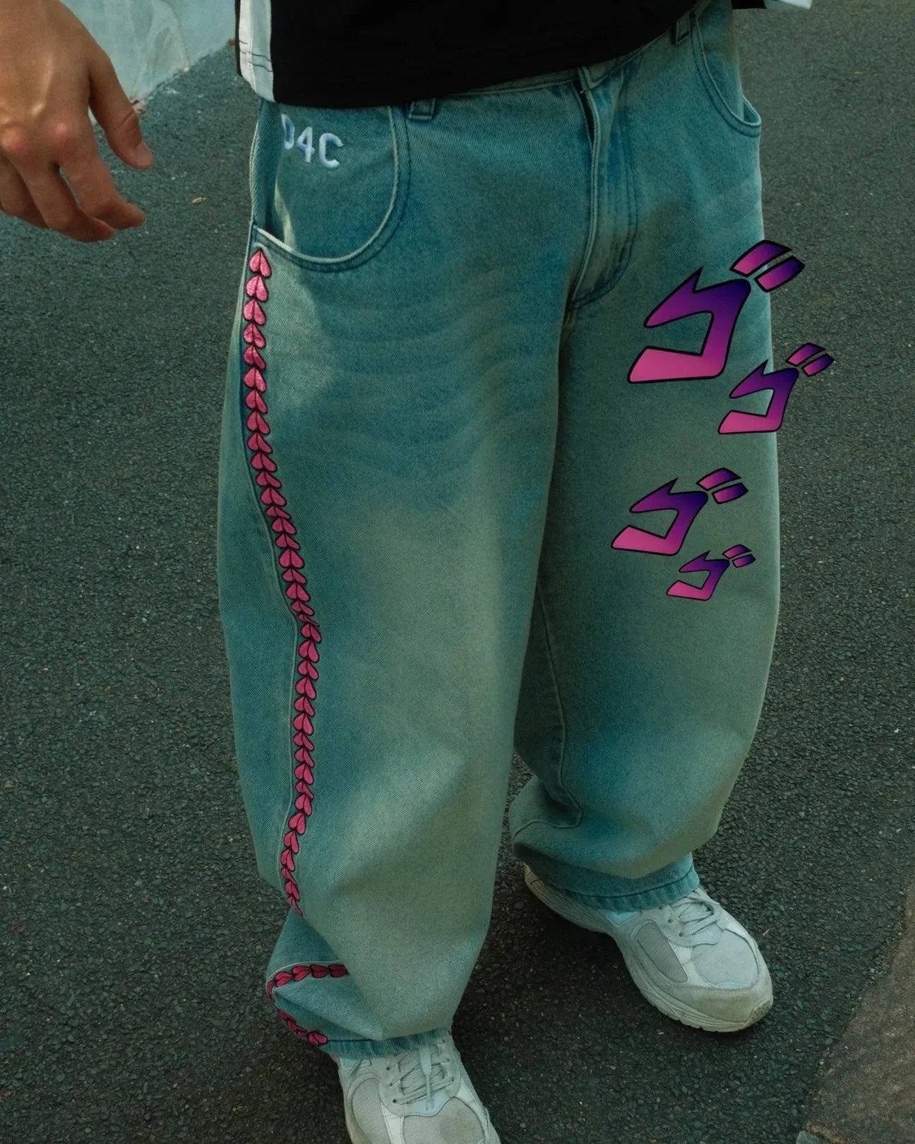 Y2K Anime High Waist Baggy Jeans Men Women JoJo Pink Heart Side Embroidery Fit Washed Denim Pants Streetwear Wide Leg Pants