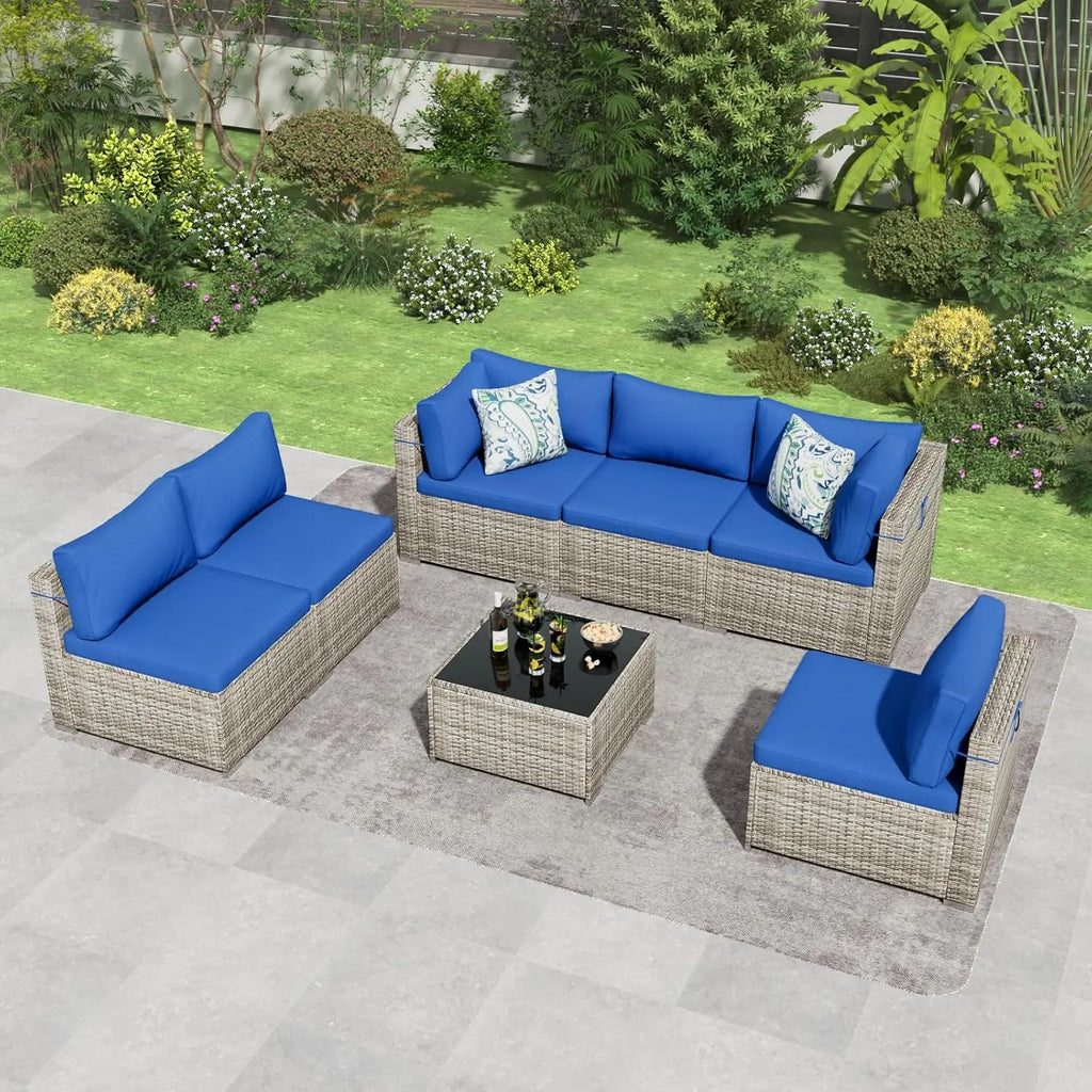 7 Piece Patio Furniture Set, Outdoor Wicker Patio Sofa Set, PE Rattan Sectional Couch with Glass Table and Blue, Customized