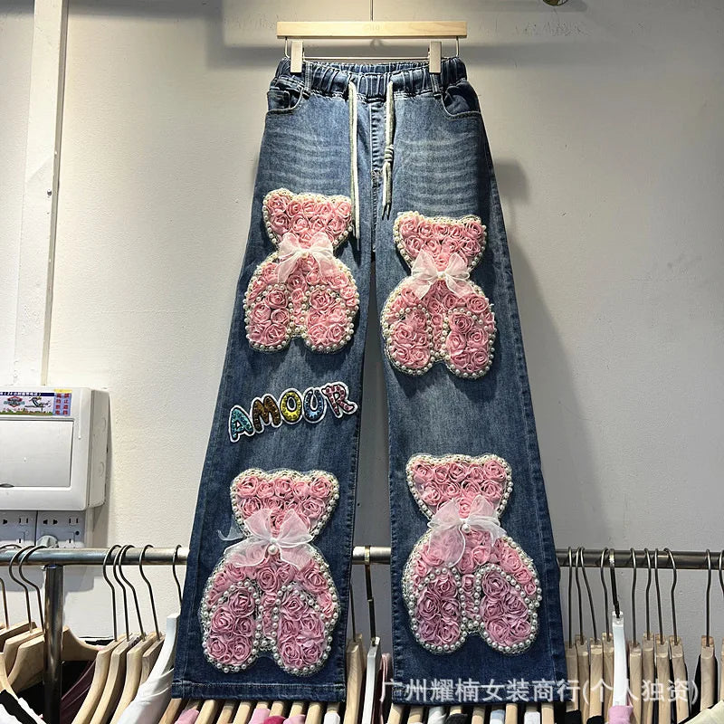 American Style Heavy Beaded Letter Cartoon Anime Elastic Waist Wide Leg Jeans Versatile Casual Full Length Trousers For Women