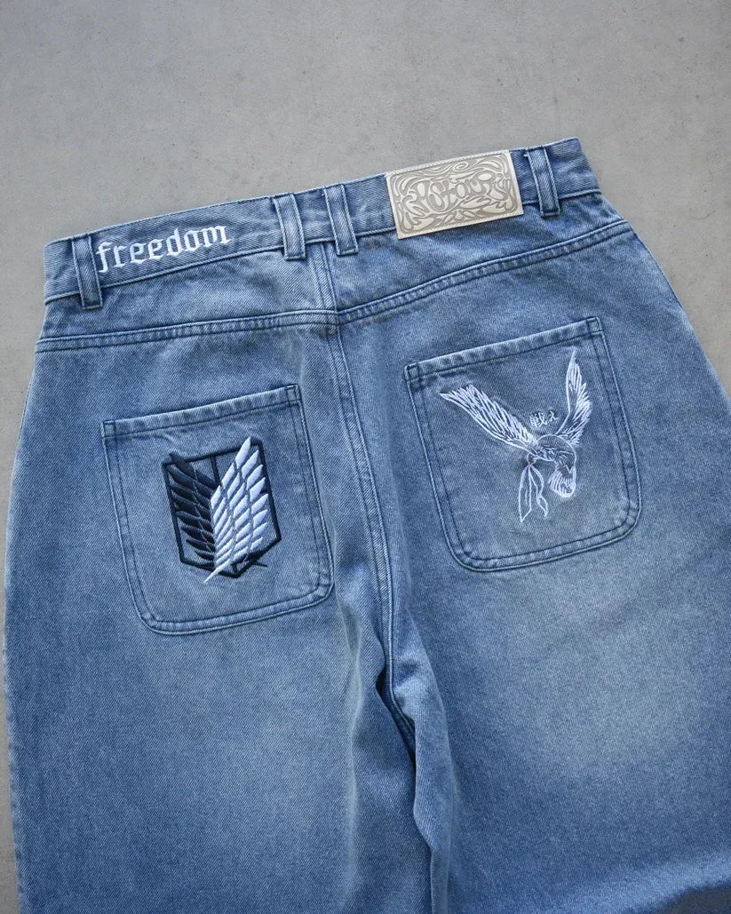 Y2K Japanese AOT Freedom Wings Embroidery Jeans Men Women Wide Leg High Waist Denim Pants Wings of Liberty Patch Blue Black Jean