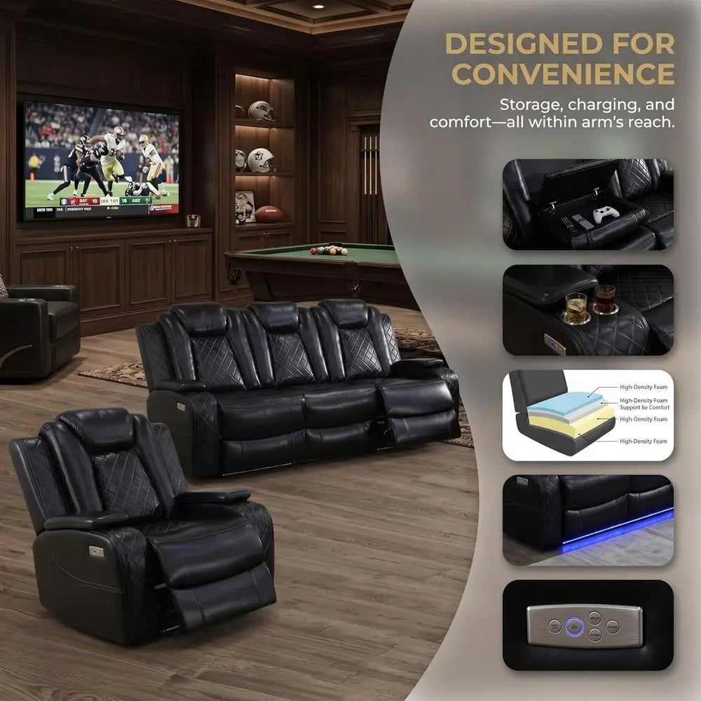 2-Piece Leather Power Reclining Sofa Set with USB Ports, LED Lighting and Storage, Ergonomic Sectional Couch, Home Theater Seati