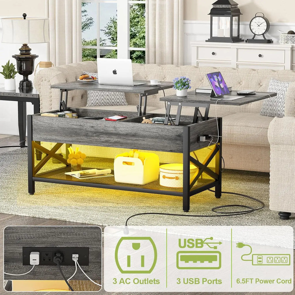 Lift Top Coffee Center Table with LED Light and Power Outlet, Modern Table with Storage Shelf for Living Room, Lift Tabletop, X