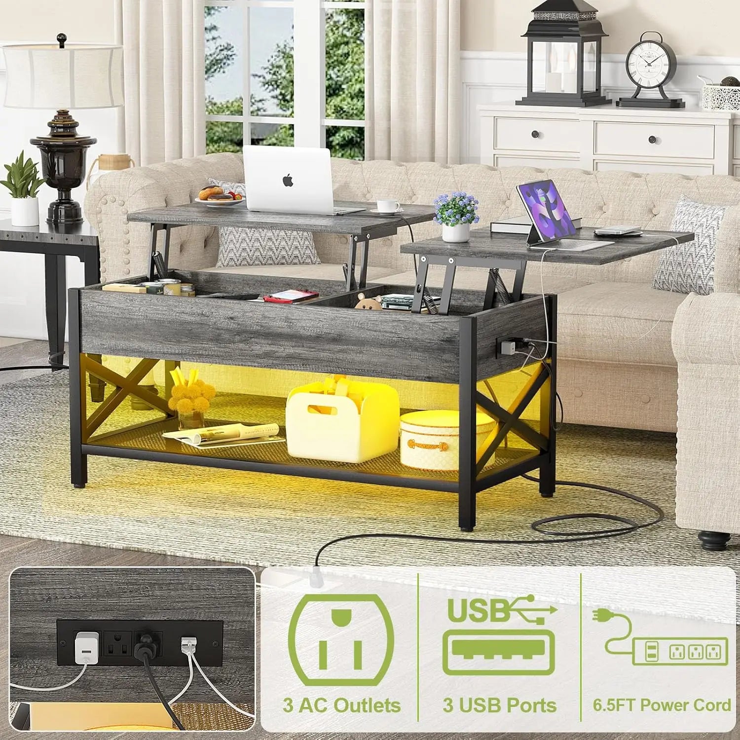 Lift Top Coffee Center Table with LED Light and Power Outlet, Modern Table with Storage Shelf for Living Room, Lift Tabletop, X
