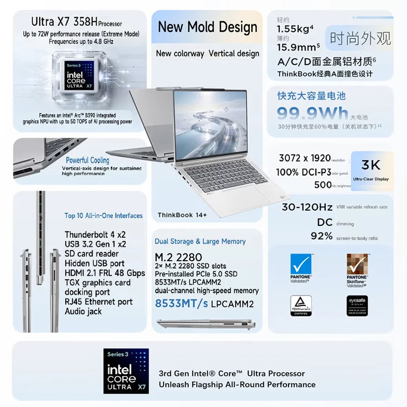 2026 New Lenovo Thinkbook 14+ AI Laptop 14.5" 3K 120Hz Screen Ultra X7 358H 32GB LPDDR5x 1TB SSD Integrated Graphics Notebook PC