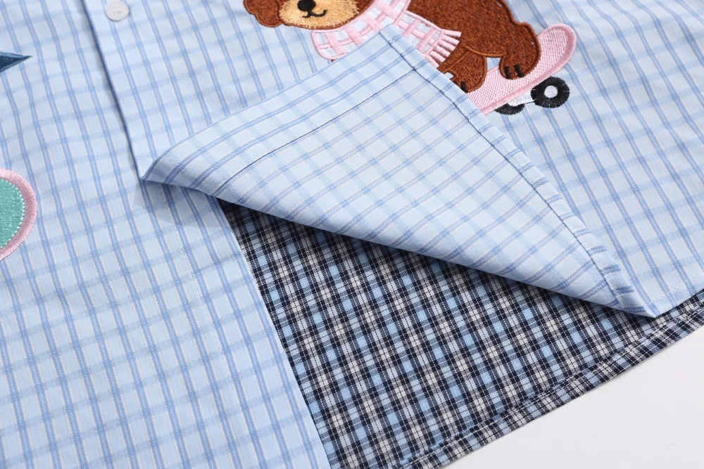 Plaid Patchwork Long Sleeve Shirts Mens Cartoon Embroidery Spring Retro Casual Loose Lapel Single Breasted Shirts Man