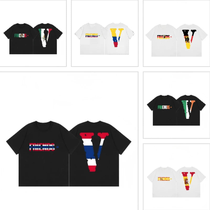Vlone World Flags Graphic Tee, Friends V International Country Print Short Sleeve T Shirt Streetwear Casual Top Graphic T Shirts