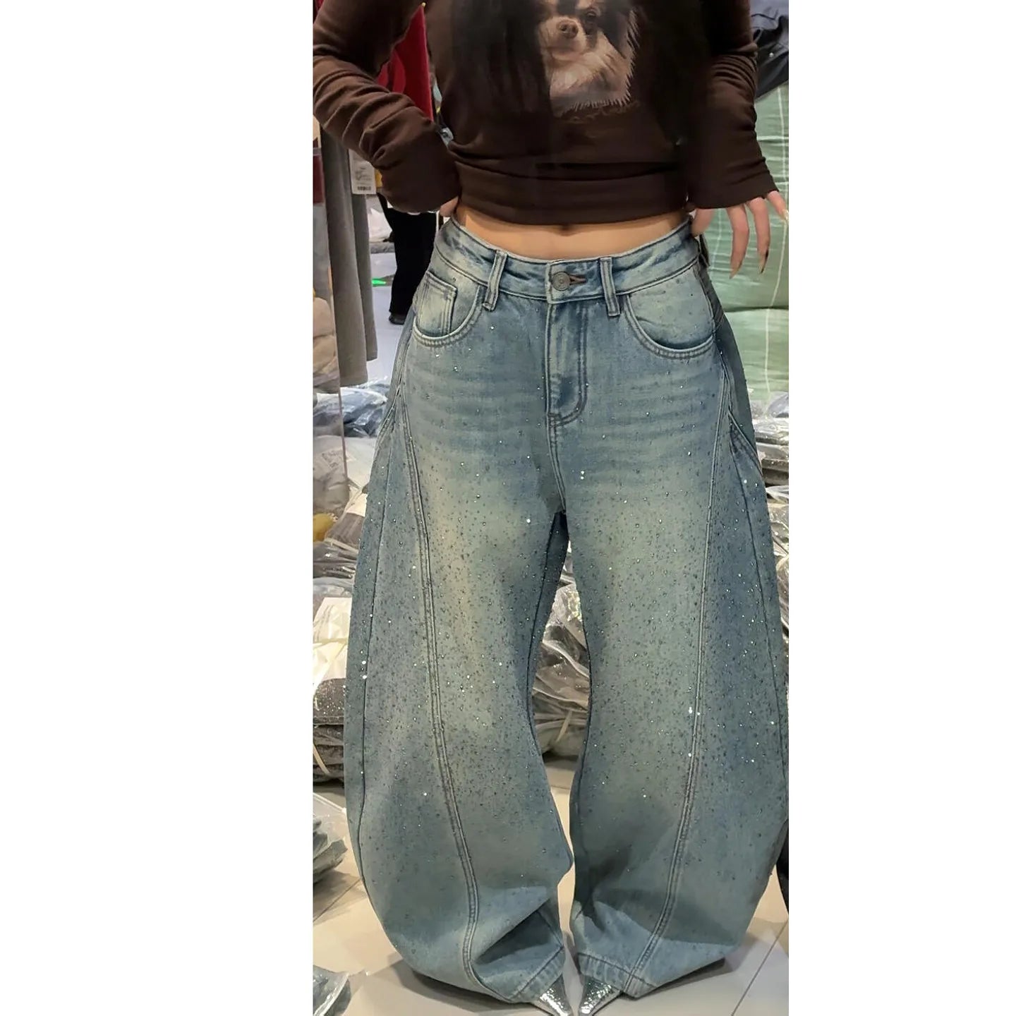 Glittering Rhinestone Denim Pants for Women's New Wide Leg Design Jeans Sensation Floor-Length Pants Loose Jeans