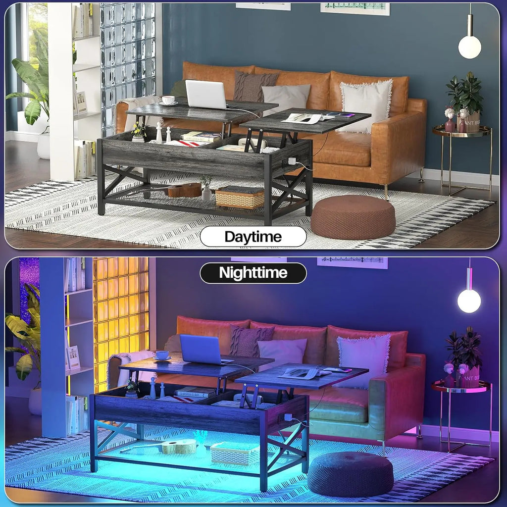 Lift Top Coffee Center Table with LED Light and Power Outlet, Modern Table with Storage Shelf for Living Room, Lift Tabletop, X