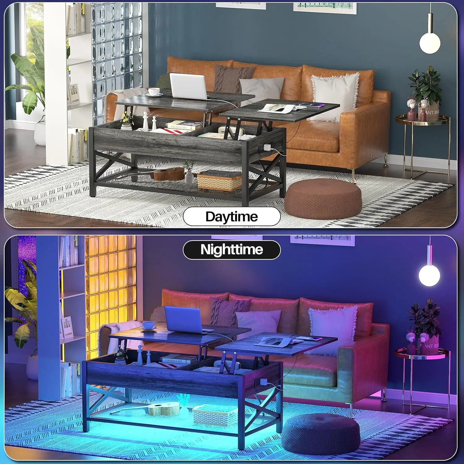 Lift Top Coffee Center Table with LED Light and Power Outlet, Modern Table with Storage Shelf for Living Room, Lift Tabletop, X