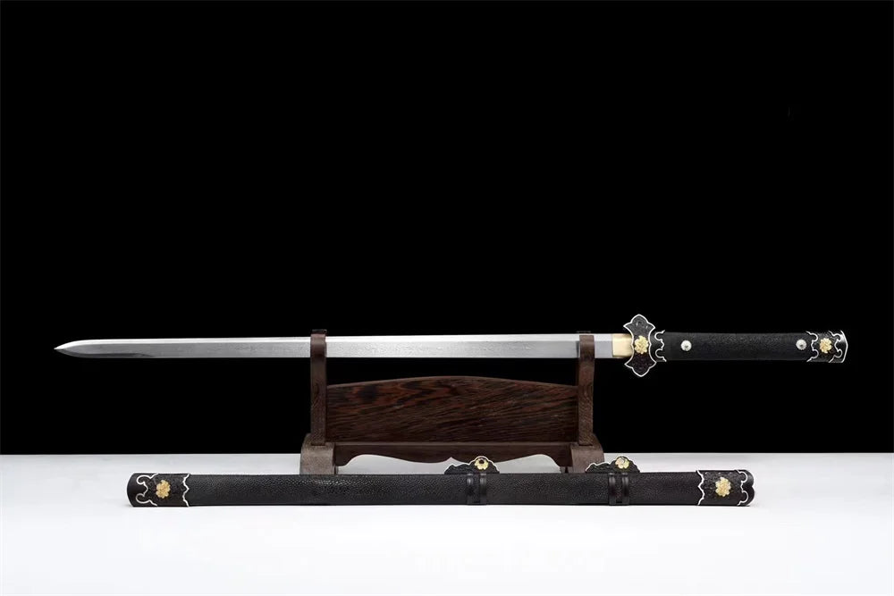 Premium Black Kungfu Battle Sword Damascus Steel Blade Sword Room Decoration Copper Gilded Fittings Wrap Real Rayskin Sheath