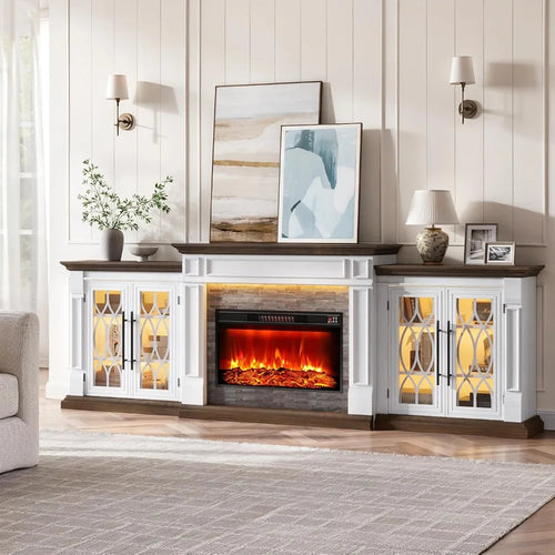 104" LED Fireplace TV Stand with Outlet for TVs Up to 100 Inch, Electric Fireplace with Mantel,with Storage,Entertainment Center