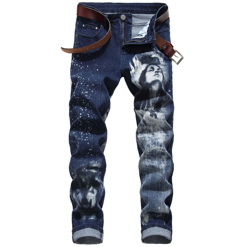 2026 Men's Blue 3D Printing Jeans, Black Wolf Pattern Printed Punk Straight Cotton Casual Print Denim Pants Asian Size 28-42