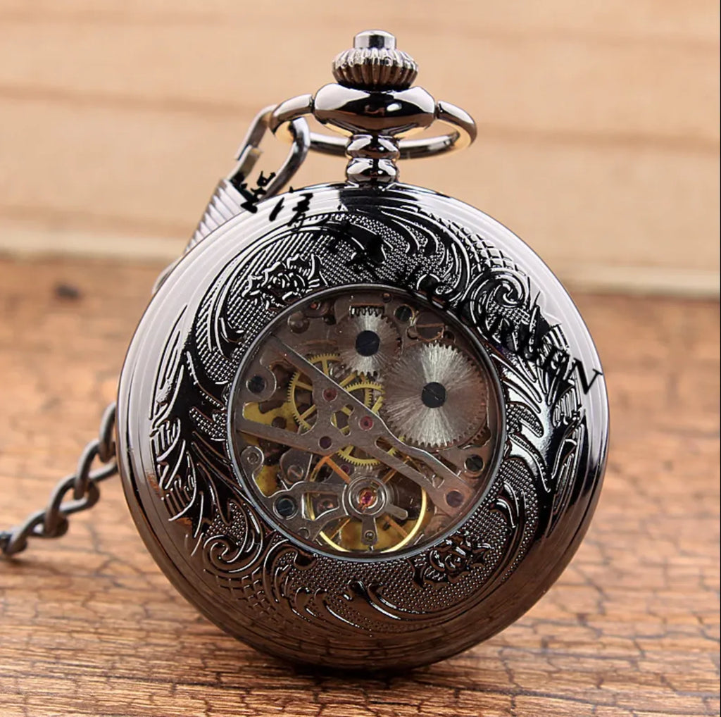 10pcs/lot Hollowed Black Gear Mechanical Pocket Watch with Chain  Pocket Watches Men Steampunk Gift Watches