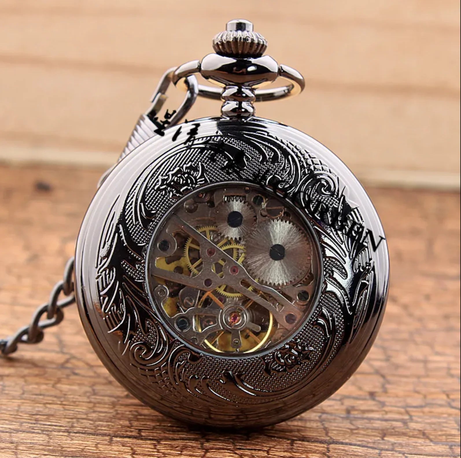 10pcs/lot Hollowed Black Gear Mechanical Pocket Watch with Chain  Pocket Watches Men Steampunk Gift Watches