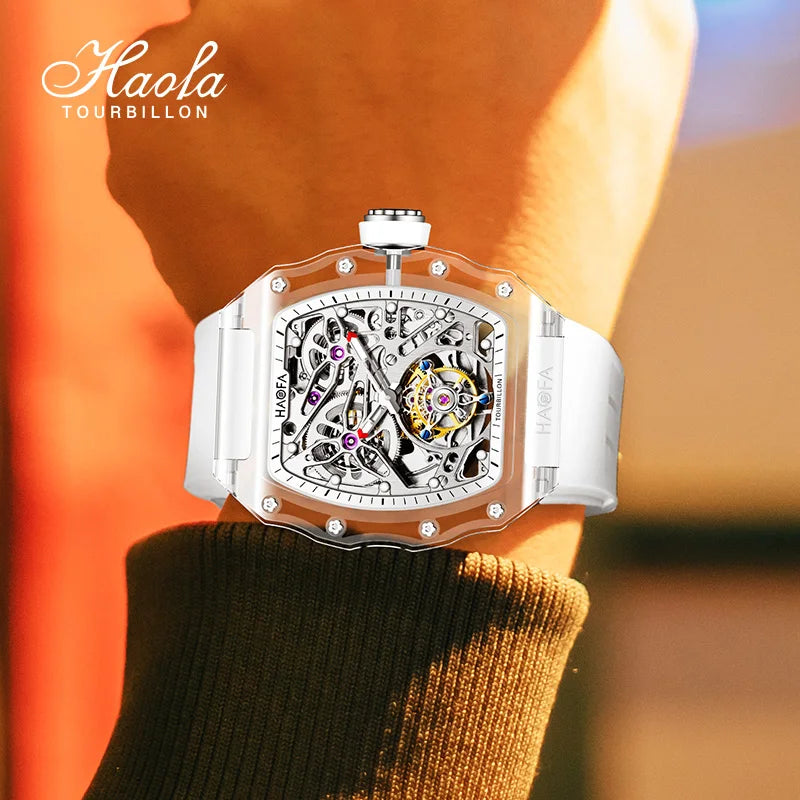 Haofa Automatic Tourbillon Skeleton Man watch Luxury Self Wind Flying Mechanical Tourbillon K9 Crystal Watches for man 2201