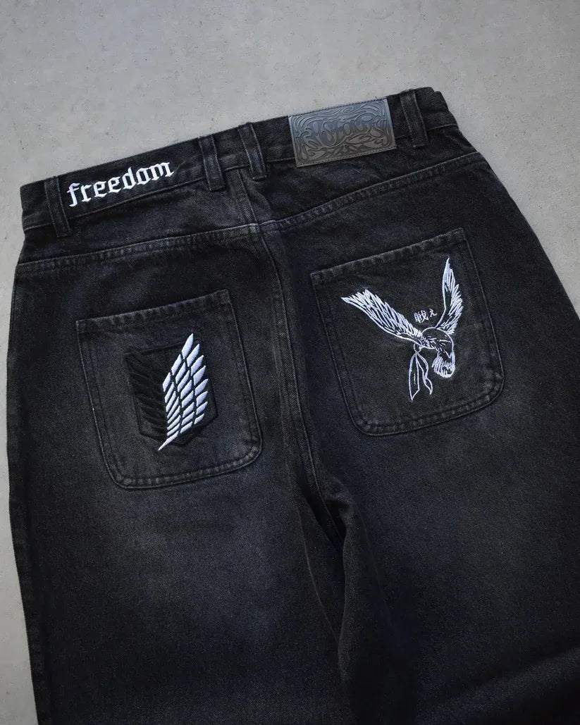 Y2K Japanese AOT Freedom Wings Embroidery Jeans Men Women Wide Leg High Waist Denim Pants Wings of Liberty Patch Blue Black Jean