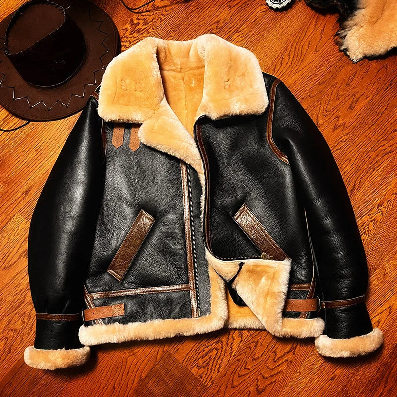 Sheepskin Suit Men's Lambskin Genuine Leather Overcoat Motorcycle Short Leather Fur Coat