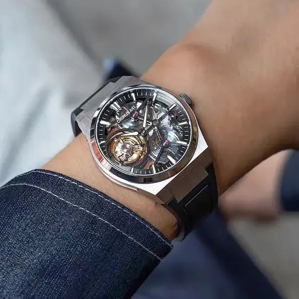 CRONUSART Men Tourbillon Watch 41mm Mechanical Wristwatch Titanium Case Sapphire Case Luminous FKM Strap Skeleton Dial