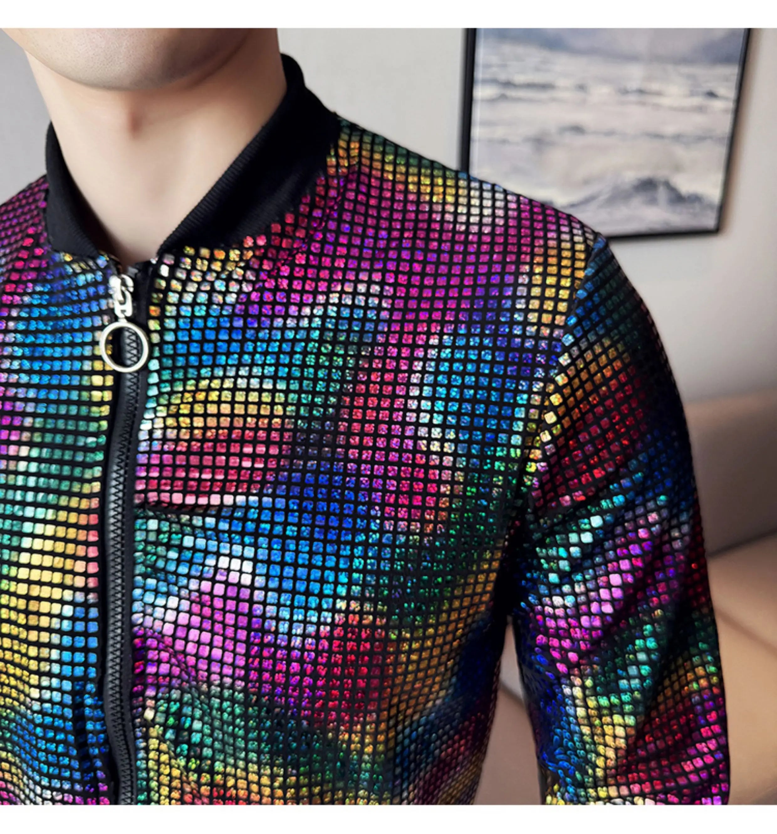 Jas Men's New Diamond Plaid Jackets Men Hip Hop Y2K Bombers Jacket Night Club Stage Streetwear Thin Coat Clothing Veste Homme