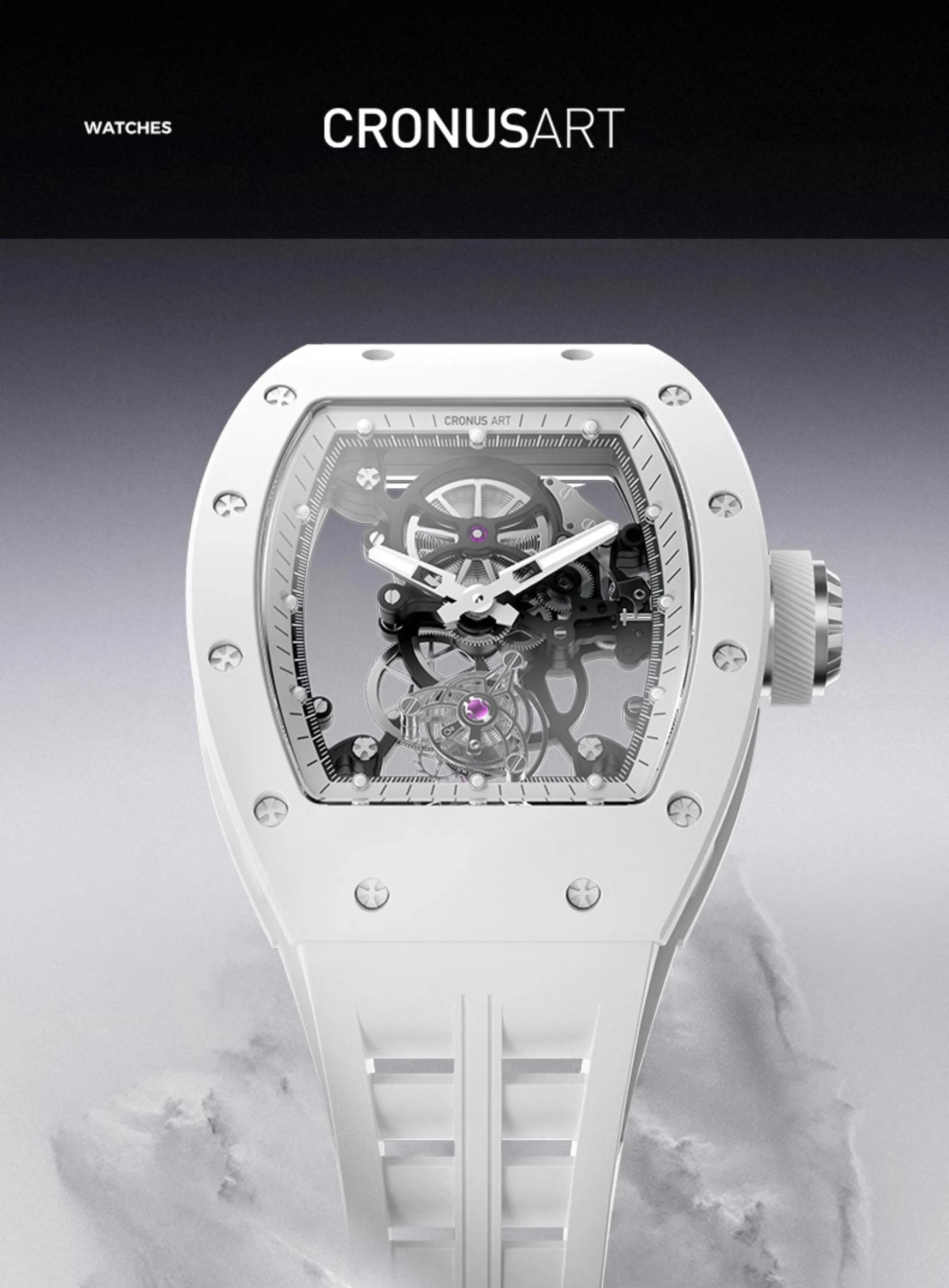 CRONUSART Men Tourbillon Watch Tonneau Mechanical Wristwatch 5Bar Ceramic Case Luminous Fluororubber Strap Sapphire Mirror