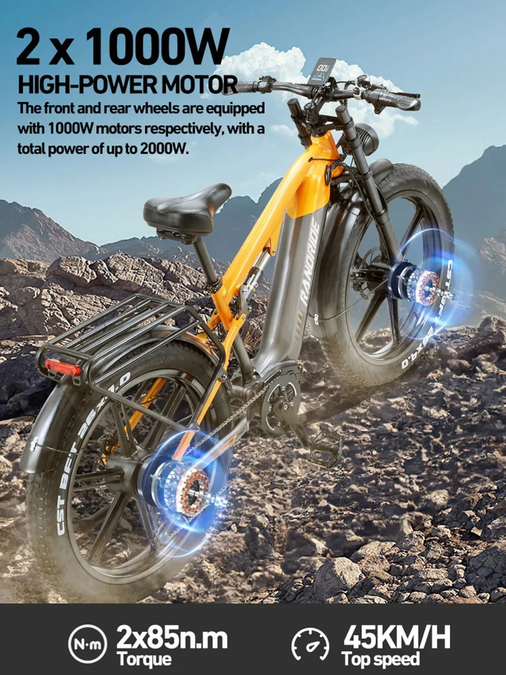 26" Electric Mountain Bike 3000W Peak E-Bike 48V 20AH Bicycle  50KM/H FatTyre