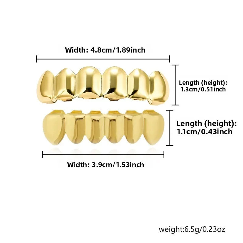 Hip Hop 6/6 Teeth Grills Hip Hop 14K Gold Plated Tooth Caps Decor Braces Punk Cosplay Party Braces For Fashion Women Men Jewelry