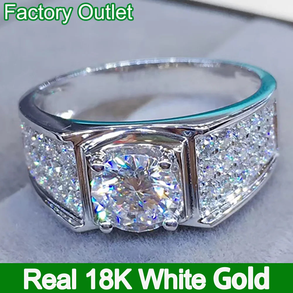 Custom Real 18K White Gold Ring Men Engagement Anniversary Party Wedding Ring Round Moissanite Diamond Luxury 1 2 3 4 5 Carat