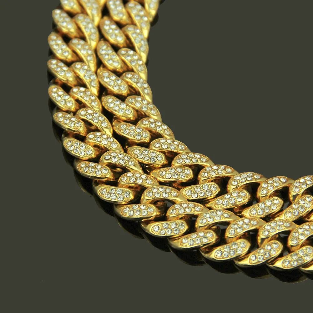 HNSP Full Zircon Cuban Link Necklace For Men - Heavy Duty Curb Chain Bling Bling Iced Out Hip Hop Jewelry for Party 13MM Wide