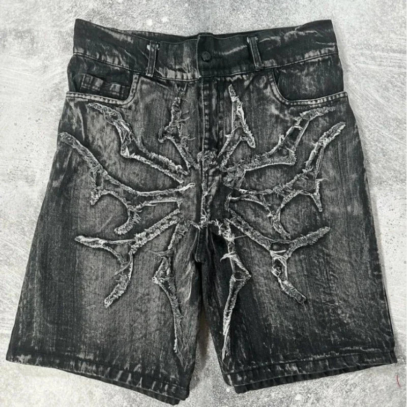 Goth Retro Men Baggy Unisex Short Pants Y2K Phantom Jeans High Street Spider Embroidered Patch Hip Hop Streetwear Straight Jeans