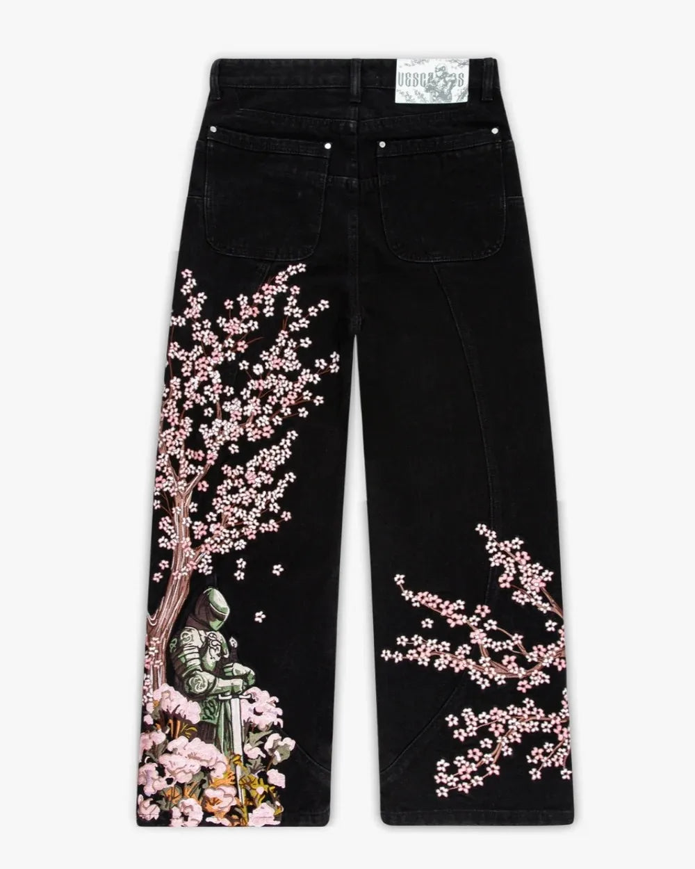 Y2k Vintage Baggy Fallen Knight Cherry Blossom Embroidery Jeans Men Women Fashion Straight Wide-leg Denim Pants Streetwear Jean