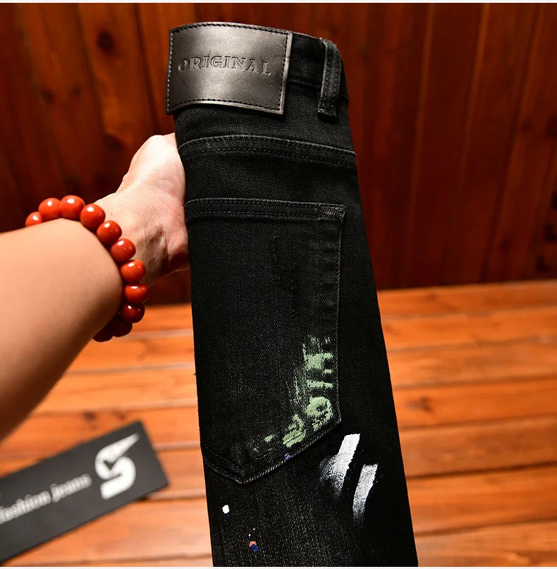 2025 Autumn American Fashion Black Jeans Men's Slim Fit Version with Piercing Patch Paint Printed Street Trendy Pants