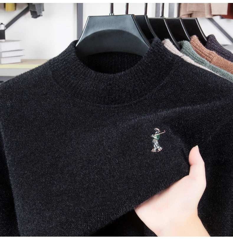 Luxury brand men's round neck knitted sweater fashion cartoon embroidery comfort warm plush autumn winter casual golf pullover