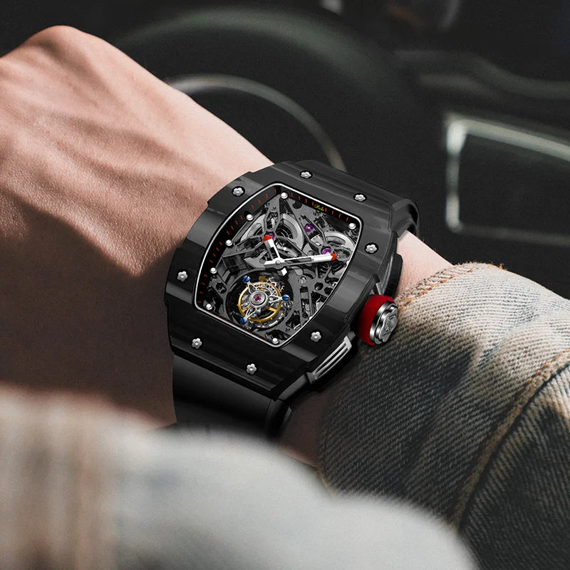Haofa Automatic Tourbillon Watch Men Carbon Fiber Hollow Movement Luminous Sapphire Crystal Mechanical Man Watches Luxury 1901-1