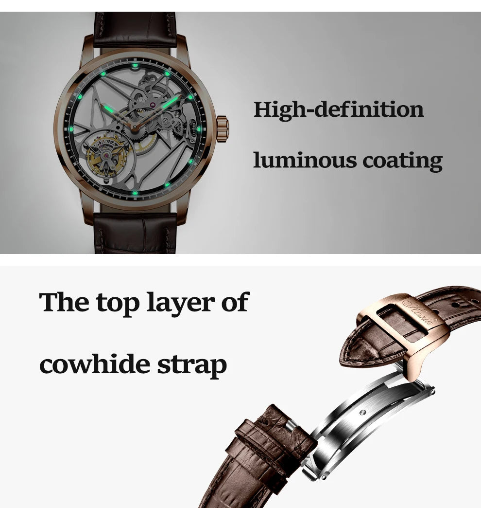 Haofa Skeleton Tourbillon Mechanical Man Watch 1925B Luxury Simple Hollow Tourbillon Movement Men Watches Business