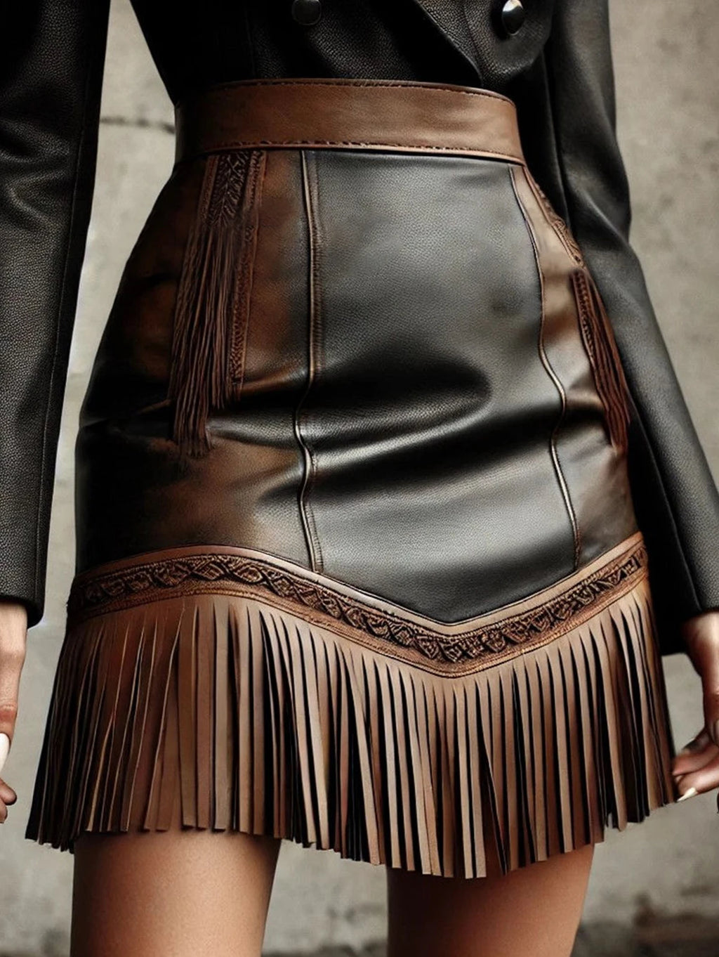 Vintage Western Fringe Hem Mini Skirt Fashion Women's Skirt  PU Leather Slim Fit High Waist Skirt Streetwear Short Skirts