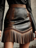 Vintage Western Fringe Hem Mini Skirt Fashion Women's Skirt  PU Leather Slim Fit High Waist Skirt Streetwear Short Skirts