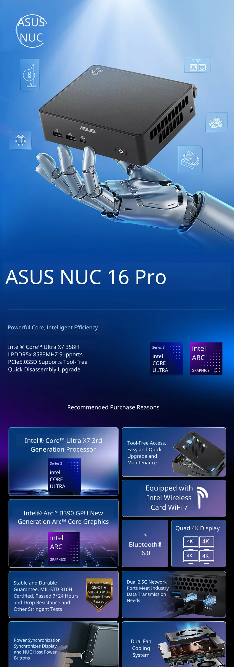 NUC 16 Pro Mini PC Ultra X7 358H LPDDR5x 2*M.2 NVMe SSD Dual 2.5G RJ45 LAN WiFi7 BT6.0 Windows 11 Pro Computer