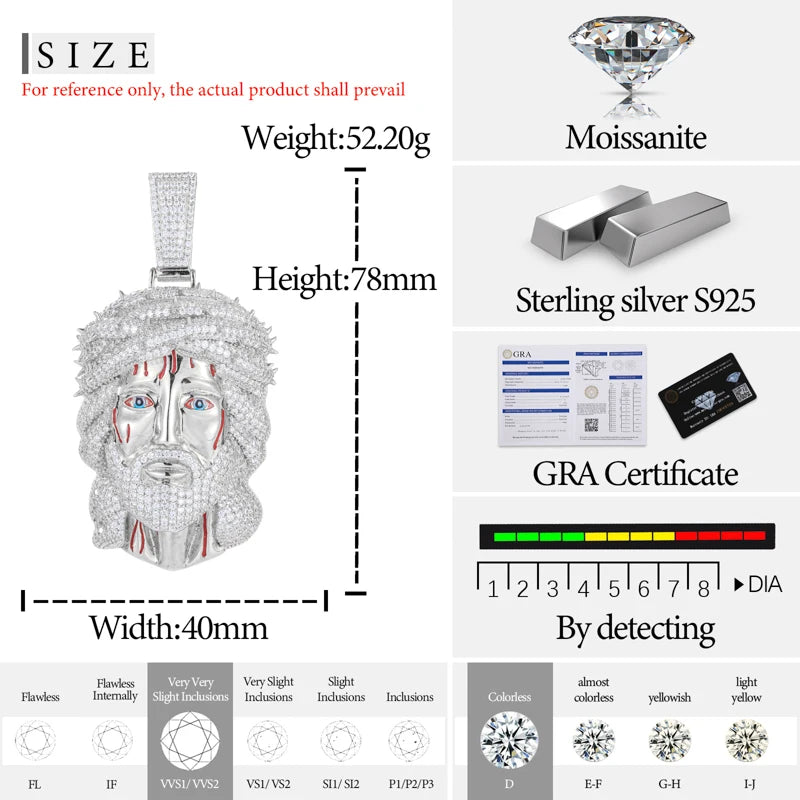 TUHE Unisex  Jesus  Pendant 925 Silver Ice Out Moissanite Pendant For Men Hip Hop Jewelry Gifts