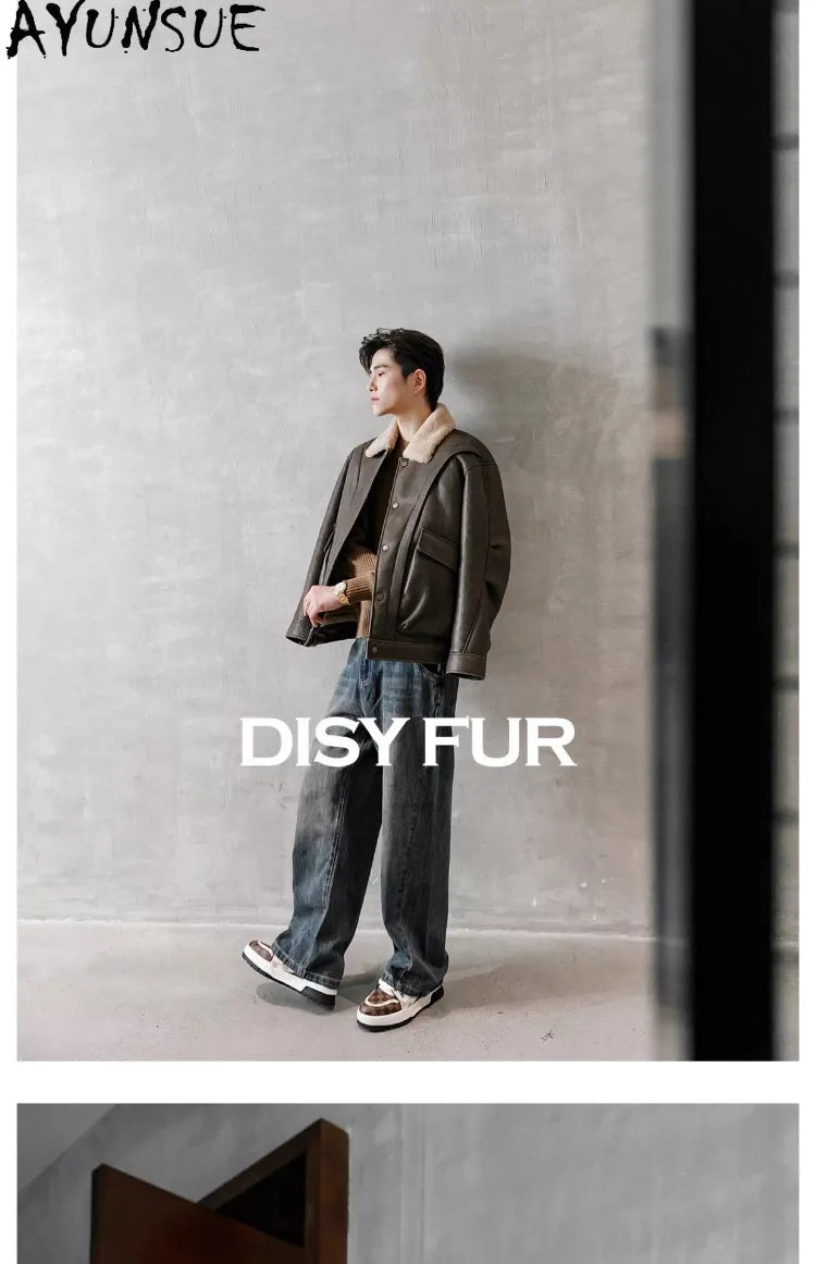 AYUNSUE Natural Sheepskin Fur Coat Men Autumn Winter New Short Real Wool Man Vintage Leather Jacket Motorcycle Fur Coats Jackets