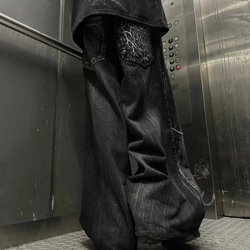 Gothic Retro Oversized Baggy Fit Unisex Mopping Pants Y2K Phantom Jeans High Street Spider Embroidered Patch Hip Hop Streetwear
