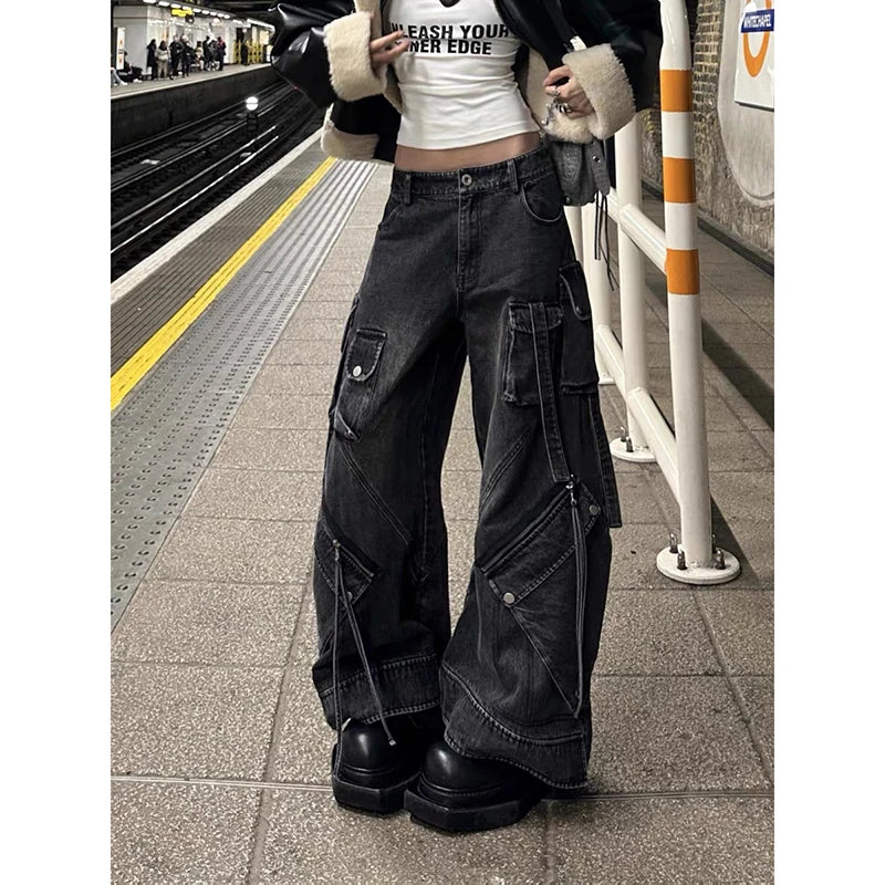 ZHIZOU Women Black Gothic Baggy Cargo Jeans Harajuku Oversize Denim Trousers Y2k 90s Vintage 2000s Emo Jean Pants Trashy Clothes