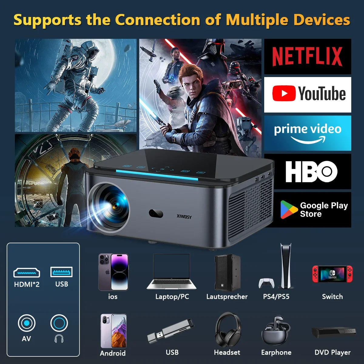 XIWBSY 1000ANSI Android Projector 25000 Lumens 4K AutoFocus/Keystone Projector Office Video Home Theater Portable Beamer Outdoor