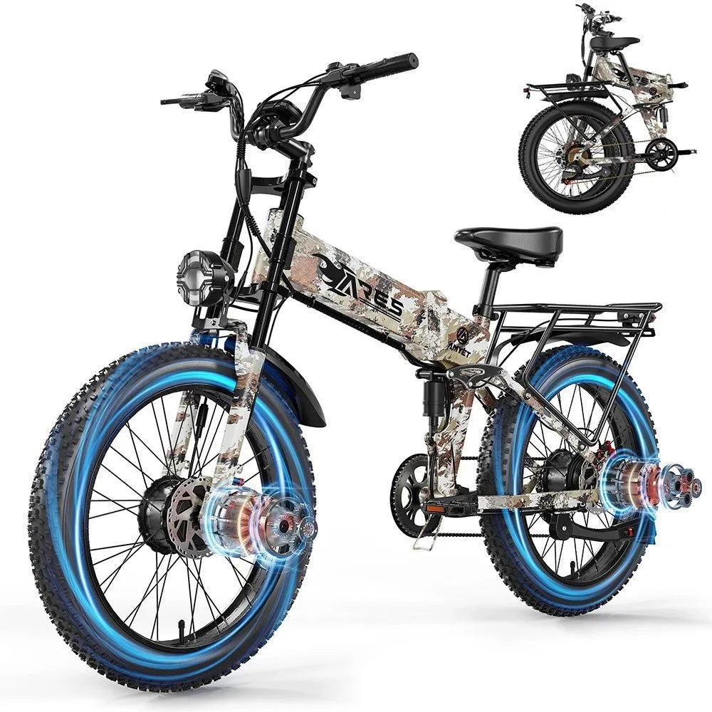 Electric Bike 2000W 52V 25AH AWD Dual Motor Folding E-bike 24" Fat Tire US