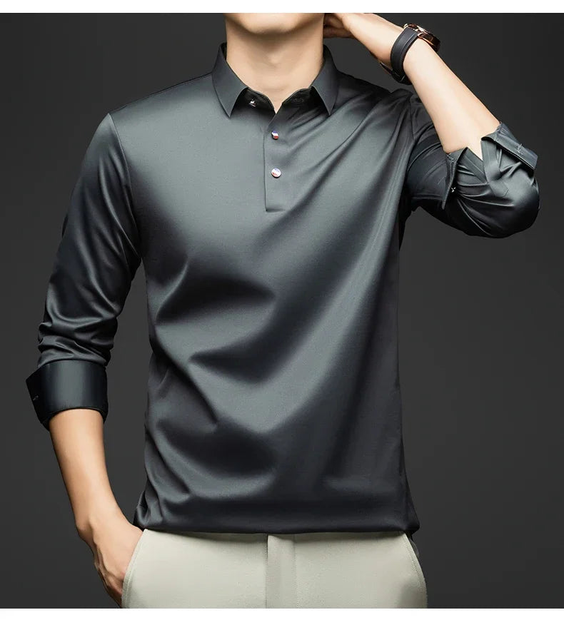 BROWON 2025 Spring Autumn Casual Work Tops Man Tshirt Long Sleeve Solid Color Soft Elegant Business Mulberry Silk T Shirt Man