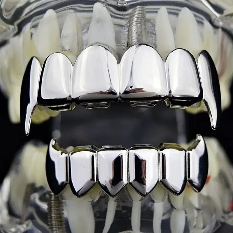 Gold Silver Plated HIP HOP Teeth Grillz Top & Bottom Grills Set With silicone Real Shiny Vampire Tooth Sets
