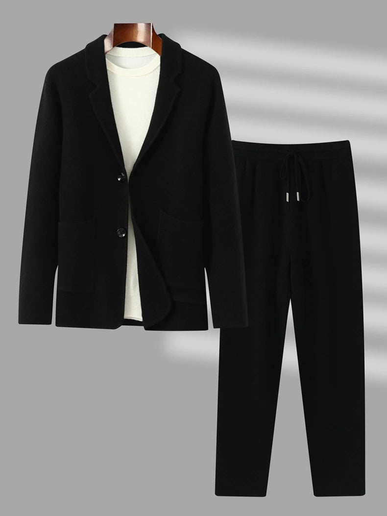 100%Cashmere Suit Men's Suit Collar Knitted Cardigan Business Casual Coat High Waisted Knitted Shorts Winter Thick Two-piece Set