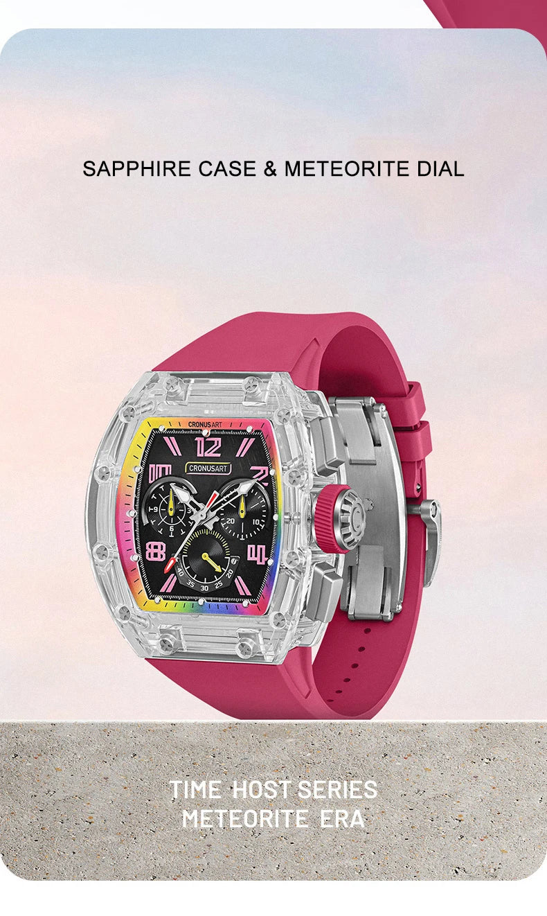 CRONUSART Men Automatic Watch 50mm Tonneau Chronograph Mechanical Wristwatch 5ATM Luminous Sapphire Case & Mirror Meteorite Dial