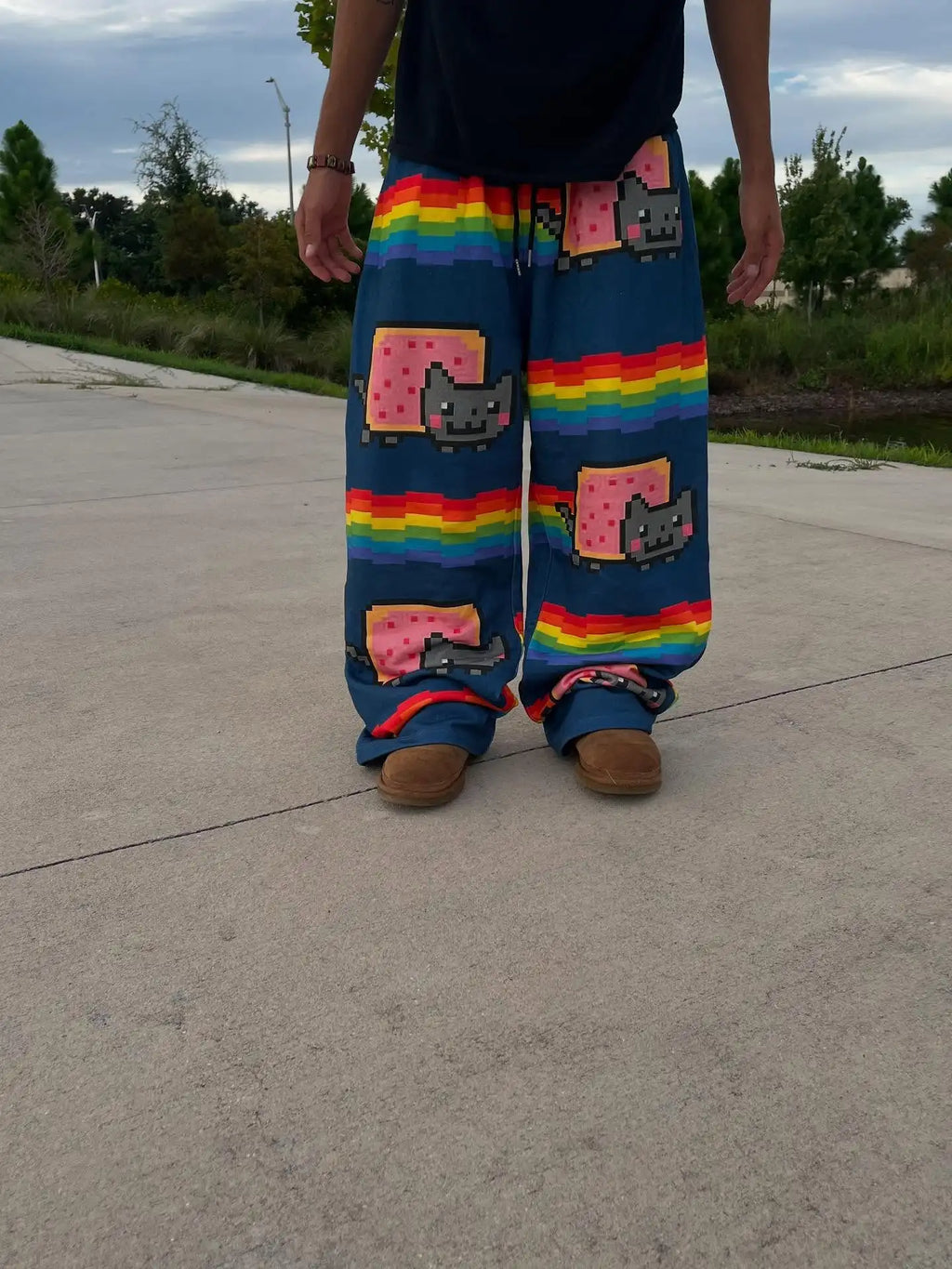 Rainbow Nyan Cat Pattern Y2K Loose and Versatile Wide Leg Pants American Street Dance Harajuku Style Elastic Men Jogging Pants
